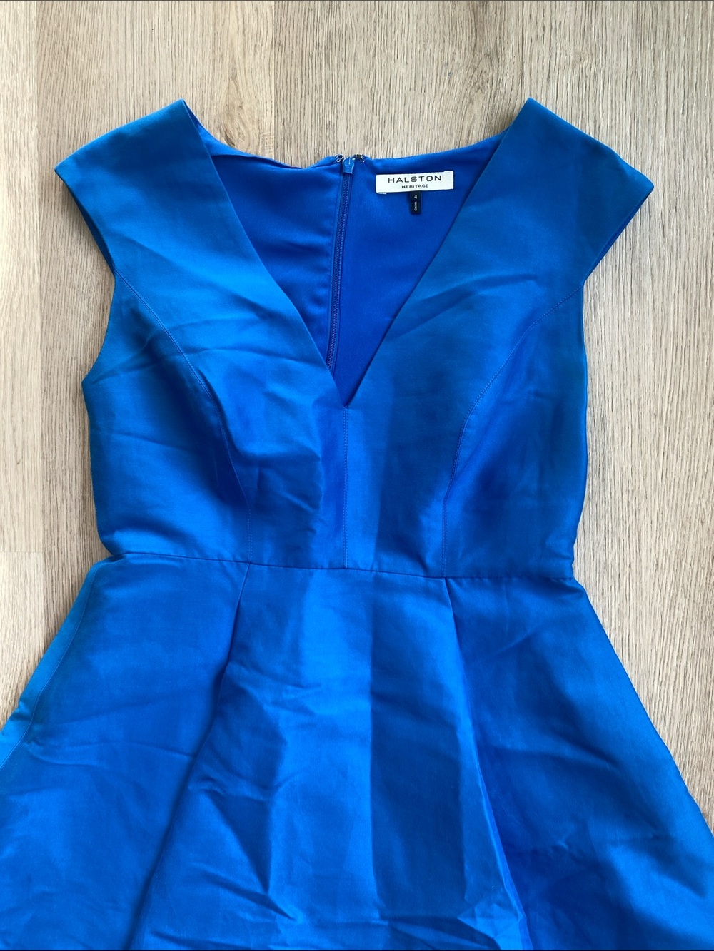 Halston Heritage Cobalt Blue Cotton/Silk Blend High-Low Fit-and-Flare Dress - Picture 4 of 11